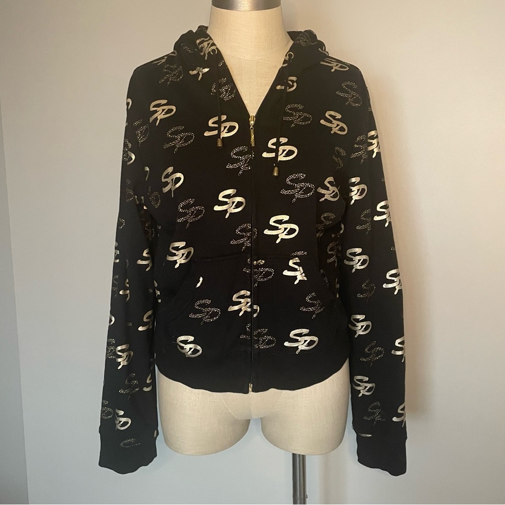 Southpole all over Y2K black with metallic gold zip up hoodie XL